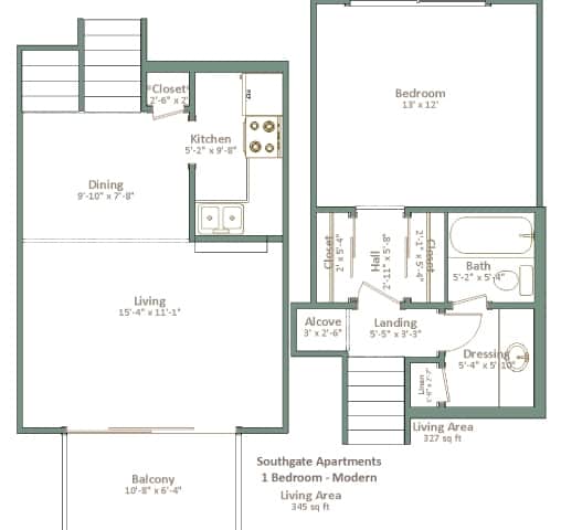 A floor plan of a one bedroom apartment with a living area, kitchen, dining area, and bathroom.