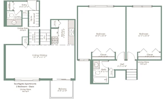 A floor plan of a house with two bedrooms, a living area, and a bathroom.