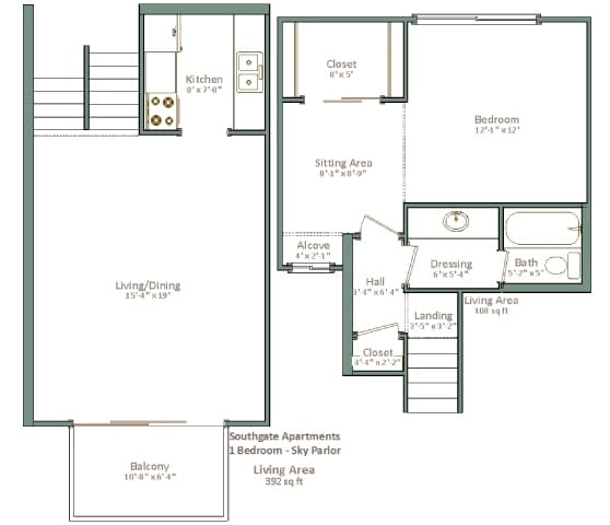 A floor plan of an apartment with a living area, bedroom, and bathroom.