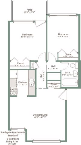 A floor plan of an apartment with a kitchen, living room, and two bedrooms.