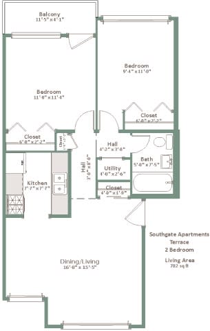 A floor plan of an apartment with two bedrooms, a living room, a kitchen, and a bathroom.