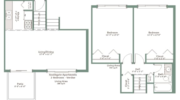 A floor plan of an apartment complex with two bedrooms and a living area.