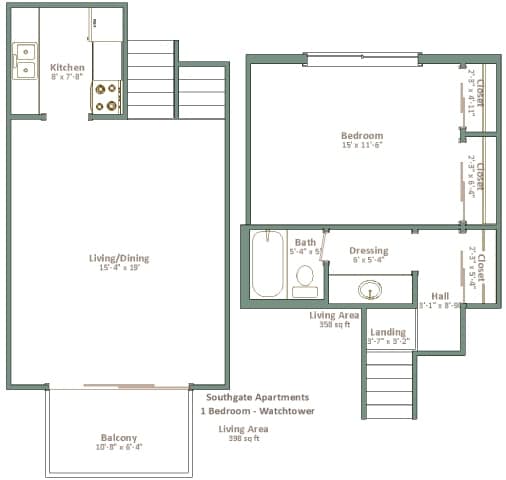 A floor plan of an apartment with a living room, kitchen, bedroom, bathroom, and balcony.