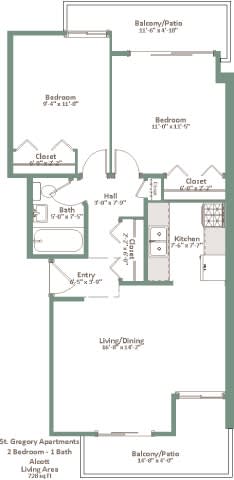 A floor plan of a two-bedroom apartment with a balcony and a bathroom.