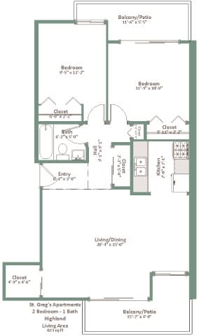 A floor plan of an apartment with two bedrooms, a living room, a dining room, a kitchen, and a balcony.