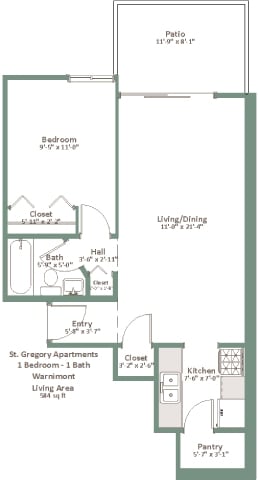 A floor plan of a one bedroom apartment with a living/dining area and a pantry.