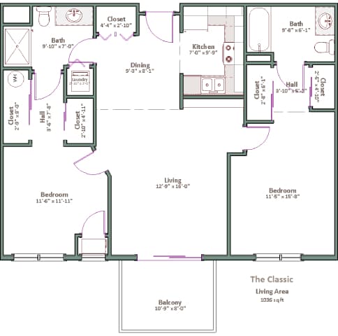 A floor plan of a house layout with a living area of 1035 square feet.