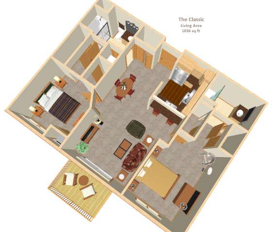 A floor plan of a living area with a kitchen, dining table, and a living room.