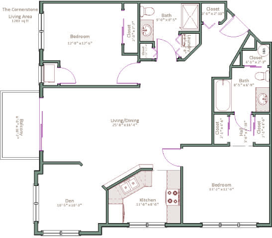 A floor plan of a home with a living area, two bedrooms, a den, a kitchen, and a bathroom.