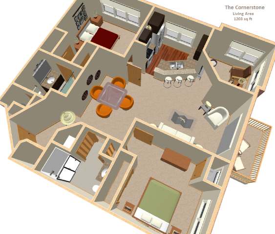A 3D floor plan of a living area in a house.