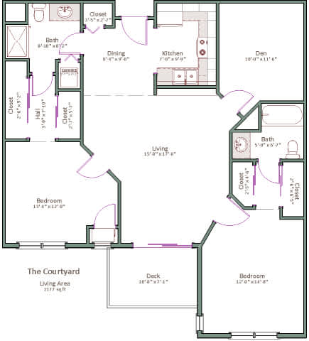 A floor plan of a house with a living area, two bedrooms, a dining room, a kitchen, a bathroom, and a closet.