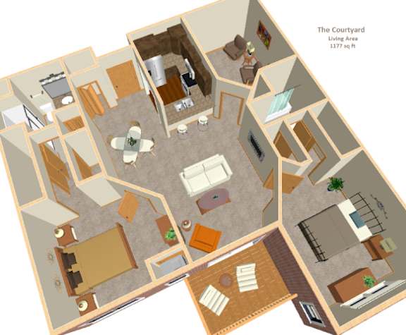 A 3D floor plan of a courtyard living area.