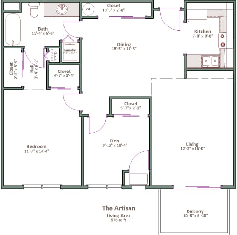 A floor plan of a house with a living area, kitchen, dining room, bathroom, bedroom, and closets.