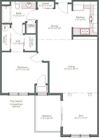 A floor plan of a living space with a kitchen, dining area, and bedrooms.