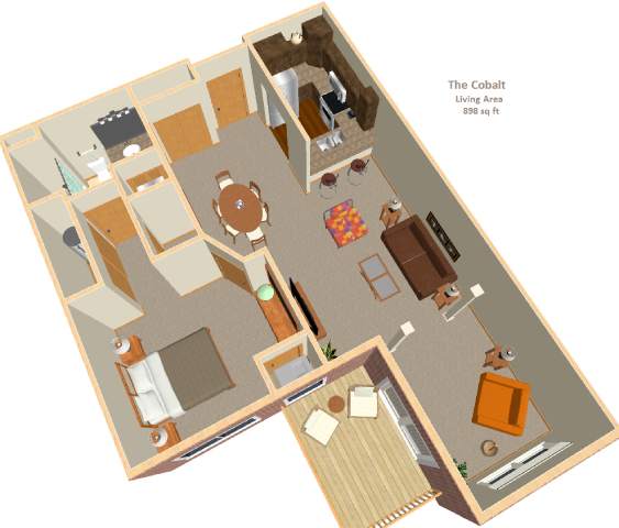 A 3D floor plan of a living area with furniture and a cobalt label.