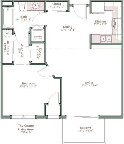 A floor plan of a living space with a kitchen, dining area, and bathroom.
