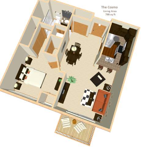 A 3D floor plan of a living area in a property called The Cosmo.