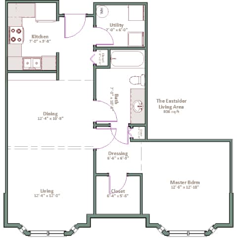 A floor plan of a house with a kitchen, dining area, and living room.