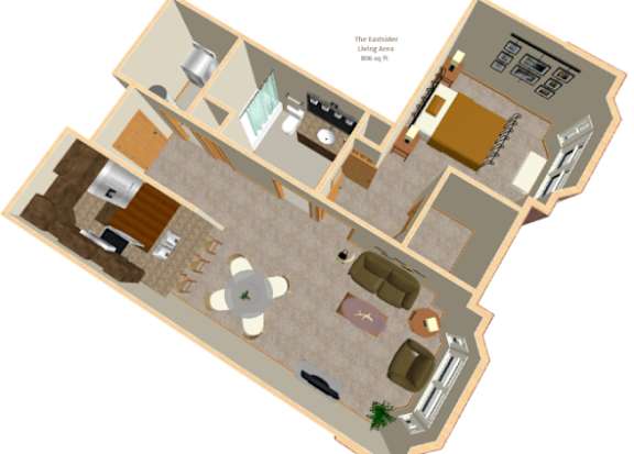 A 3D floor plan of a house with a living area and kitchen.
