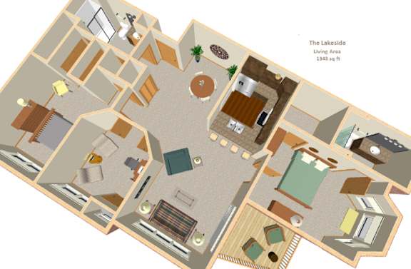 A 3D floor plan of a living area.