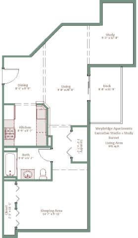 A floor plan of apartment with a kitchen, living room, and sleeping area.