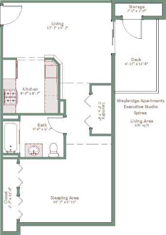 A floor plan of a Weybridge Apartments Executive Studio Spirea showing the layout of the living, sleeping, and kitchen areas.