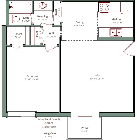 A floor plan of a house with a living area, dining room, kitchen, bedrooms and bathrooms.