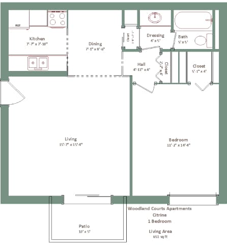 A floor plan of a one bedroom apartment with living area, kitchen, dining room, bathroom, closet, and patio.