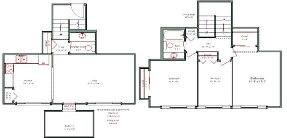 A floor plan of a house with labeled rooms and features.