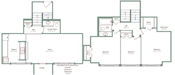 A floor plan of a house with a garage, living room, kitchen, and two bedrooms.