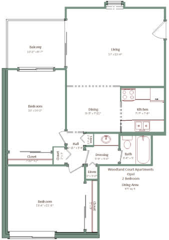 A floor plan of a house with a balcony, two bedrooms, a dining area, a kitchen, a bathroom, a hall, a closet, a laundry area, and a living area.