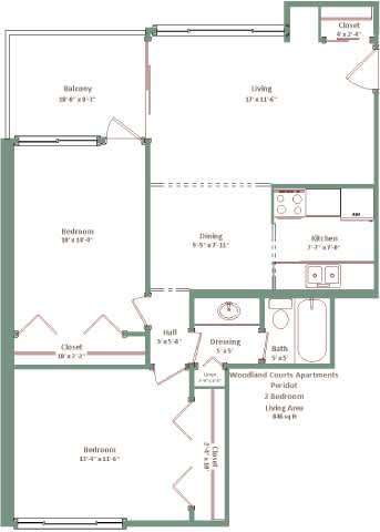 A floor plan of a home with a living area, two bedrooms, a kitchen, and a bathroom.