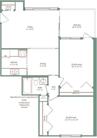 A floor plan of a home with two bedrooms, a living room, a kitchen, a bathroom, and a closet.