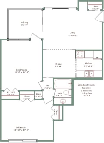 A floor plan of a house with a balcony, two bedrooms, a dining room, a kitchen, a hall, and a woodland court.
