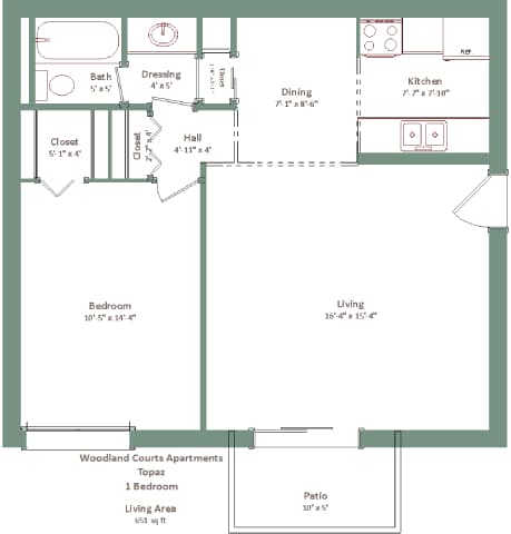 A floor plan of a one bedroom apartment with a living area, kitchen, and bathroom.
