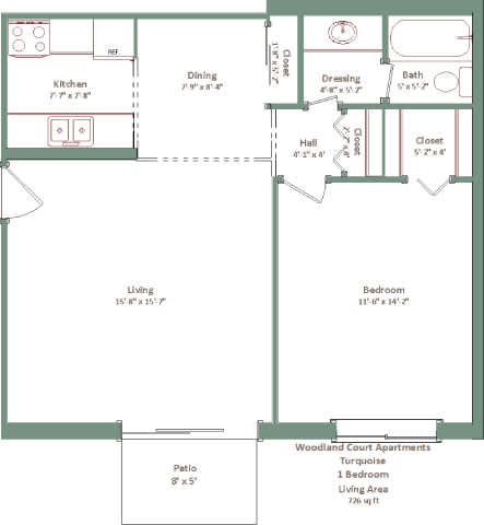 A floor plan of a one bedroom apartment with a living area, kitchen, dining room, bathroom, and closet.