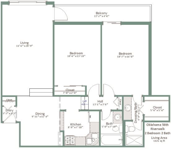 A floor plan of a house with a living room, two bedrooms, a dining room, a kitchen, a bathroom, and a balcony.