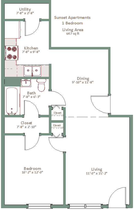 Sunset Apartments 1 Bedroom floor plan