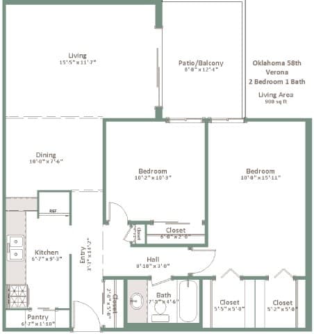 A floor plan of a two bedroom apartment with a living area, dining area, kitchen, pantry, and closets.