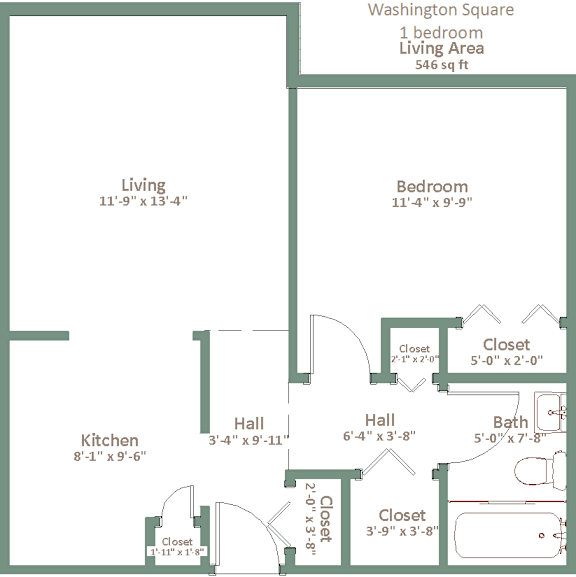 A floor plan of a one bedroom living area of 546 square feet.