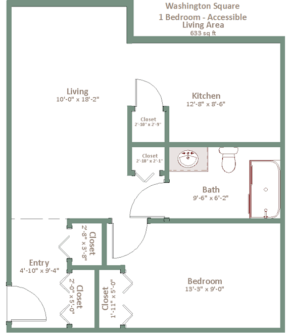 A floor plan of a one bedroom accessible living area.