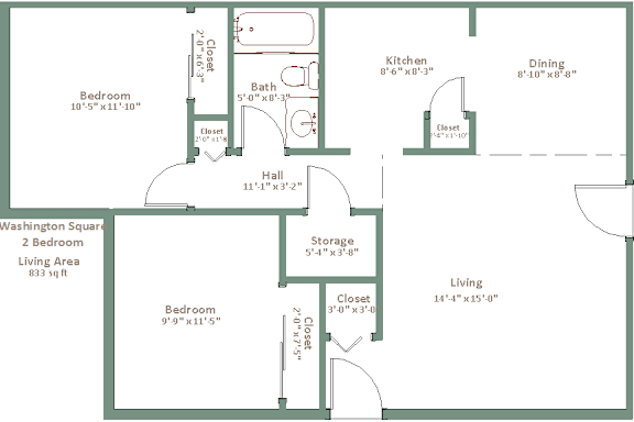 A floor plan of a two bedroom Washington Square apartment.
