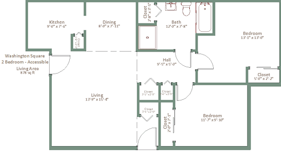 A floor plan of a house with a living area, two bedrooms, a kitchen, a dining room, a bathroom, and a Washington Square bedroom.
