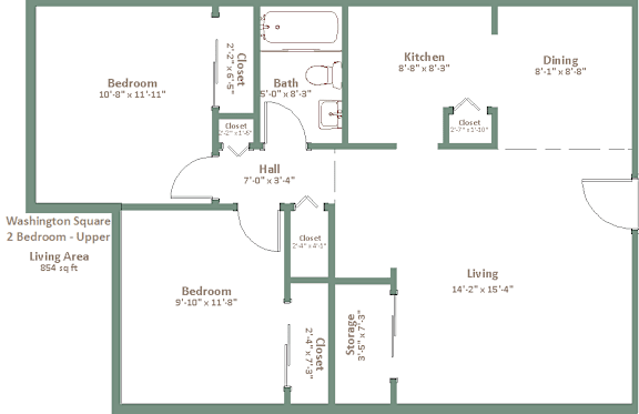 A floor plan of a house with a living area, two bedrooms, a kitchen, a dining room, and a bathroom.