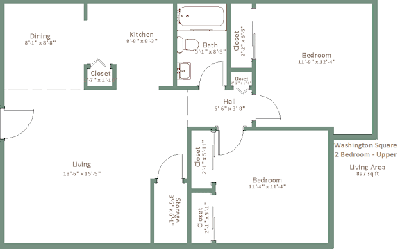 A floor plan of an apartment with a living area, kitchen, bathroom, and bedrooms.