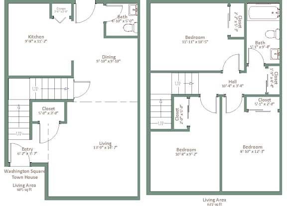 A floor plan of a townhouse with two bedrooms, a living area, a kitchen, a dining room, and a bathroom.