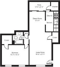 A black and white floor plan of a house with a living room, dining room, kitchen, and bathroom.