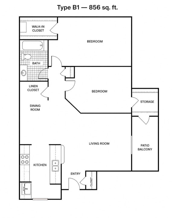 A black and white image of a Type B1 - 856 sq. ft. floor plan.