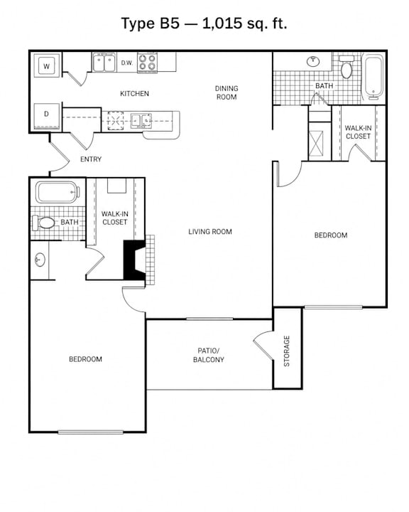 A floor plan of a Type B5 apartment, which is 1,015 square feet.