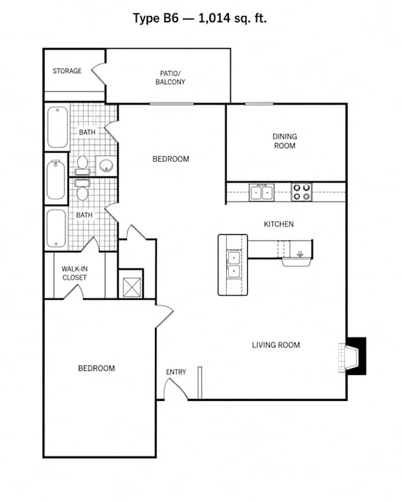 A floor plan of a Type B6 apartment, which is 1,014 square feet.